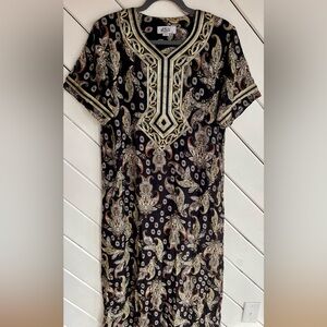 Black and Gold Paisley Maxi Dress Embroidered Boho
